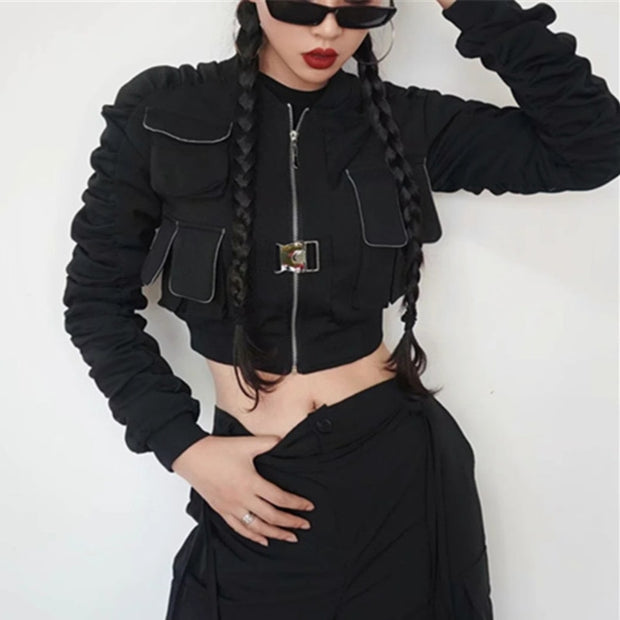 Women wearing black multiple pockets decoration jacket