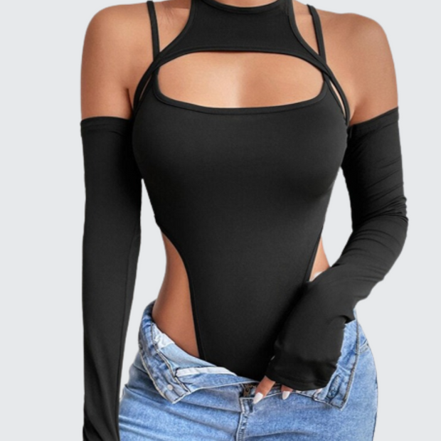 Women wearing black hollow out type bodysuit