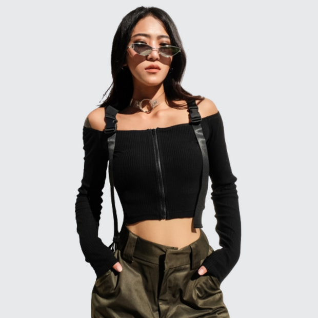 Women wearing tactical sleeve top two pieces buckle decoration