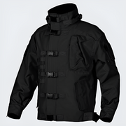 Black tactical waterproof jacket buckles closure