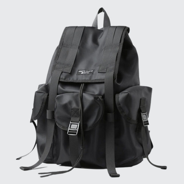 Black techwear backpack adjustable straps string closure