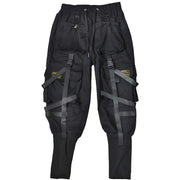 Black techwear pants with buckle straps design