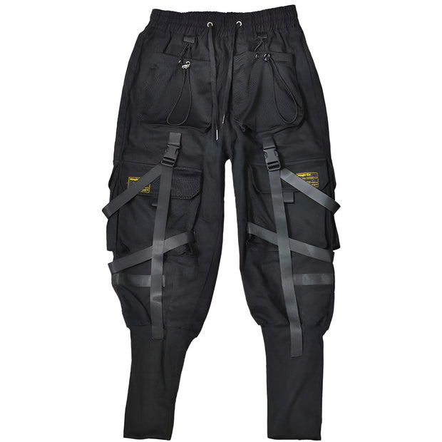 Black techwear pants with buckle straps design
