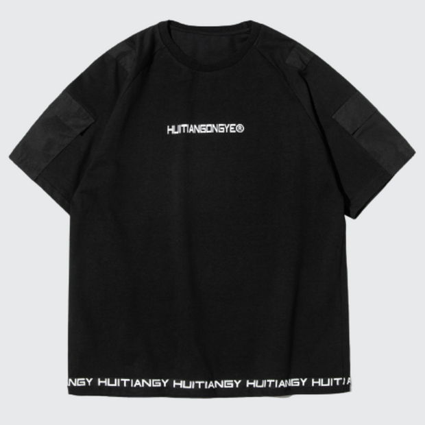 Black techwear patchwork t-shirt o neck collar style