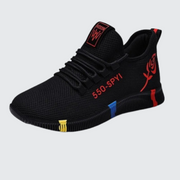 Women wearing black with red sneakers rubber outsole material