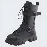 Unisex wearing black boots lace up closure