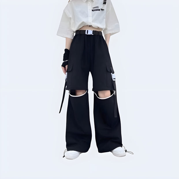 Women wearing black adjustable hollow trousers