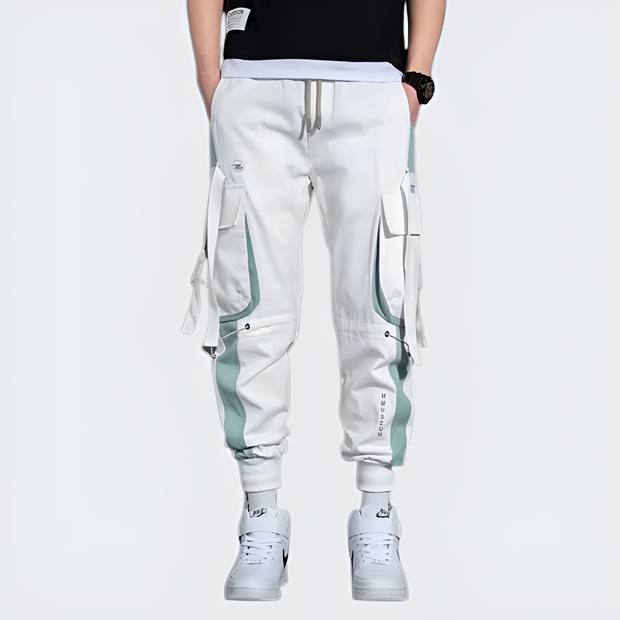 Unisex wearing white blue techwear jogger trousers front side
