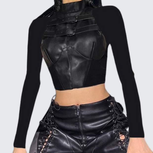 Gothic dark leather tops long sleeve goth top