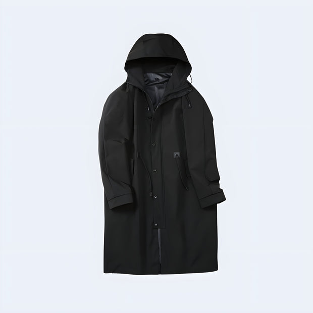 Man wearing black techwear trench coat single Breasted closure