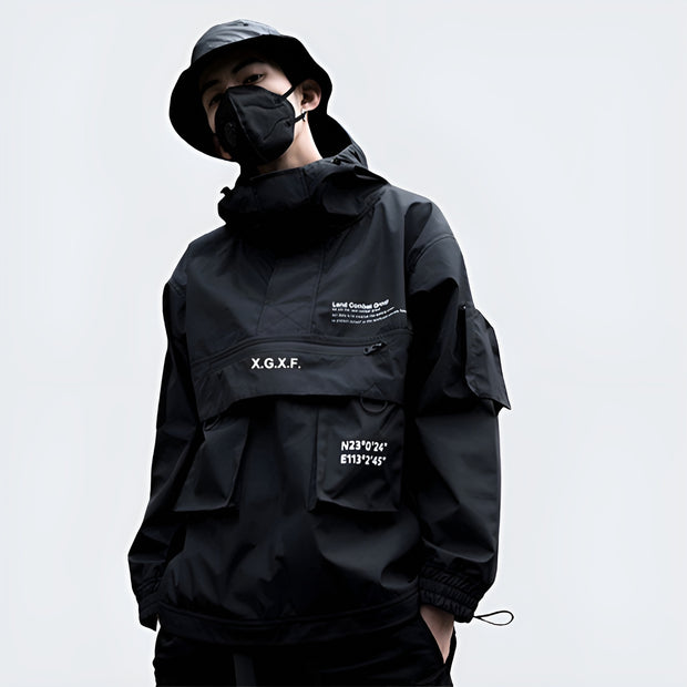 Man wearing black xgxf jacket multiple pockets decoration