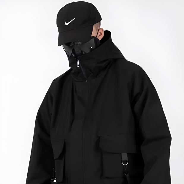 Unisex wearing black zip up cargo jacket high neck collar style