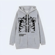 Man wearing grey japanese kanji jacket zipper closure