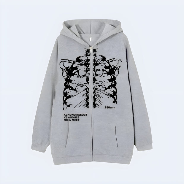 Man wearing grey japanese kanji jacket zipper closure