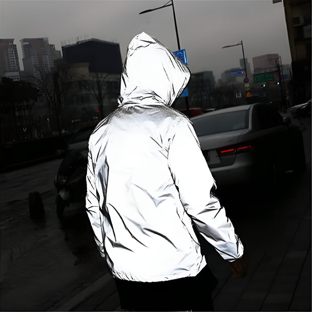Unisex wearing silver reflective jacket zipper closure