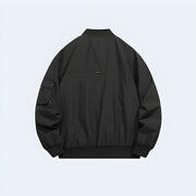 Man wearing black tactical bomber with pocket on front