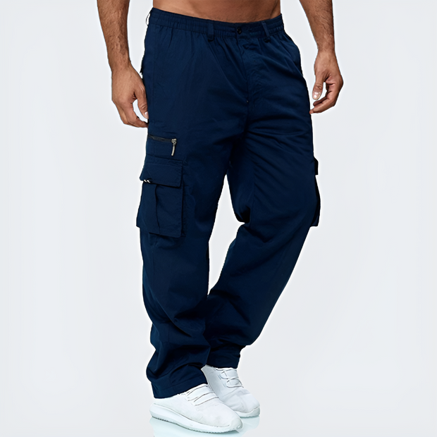 Unisex dark blue cargo pants designed to be slim relaxed fit
