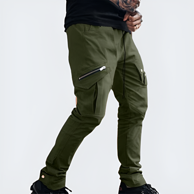 Unisex dark green pants designed to be slim relaxed fit