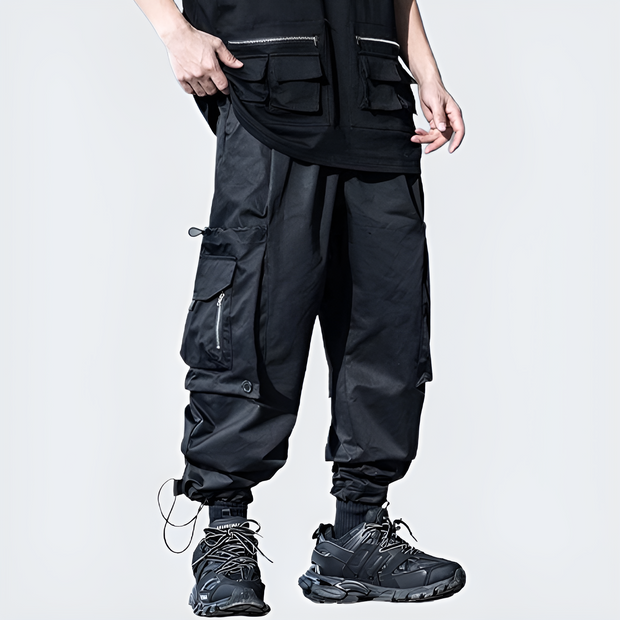 Man wearing black pants baggy water-resistant fabric