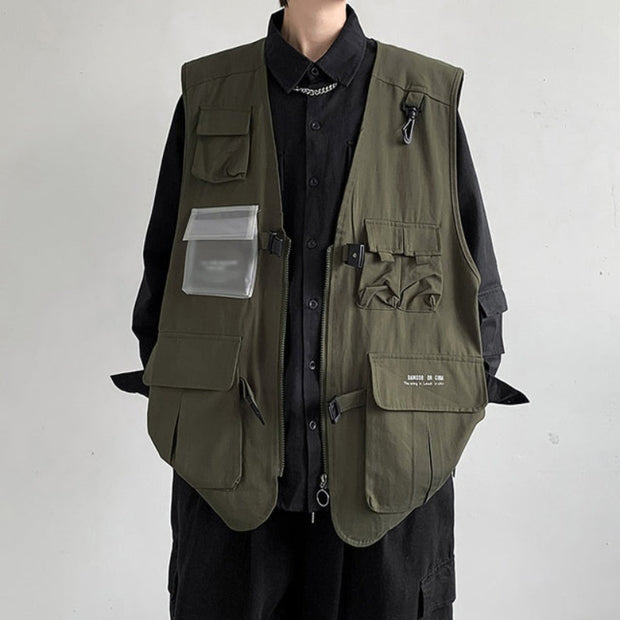 Army Green techwear multi pocket waistcoat unisex wearing discount