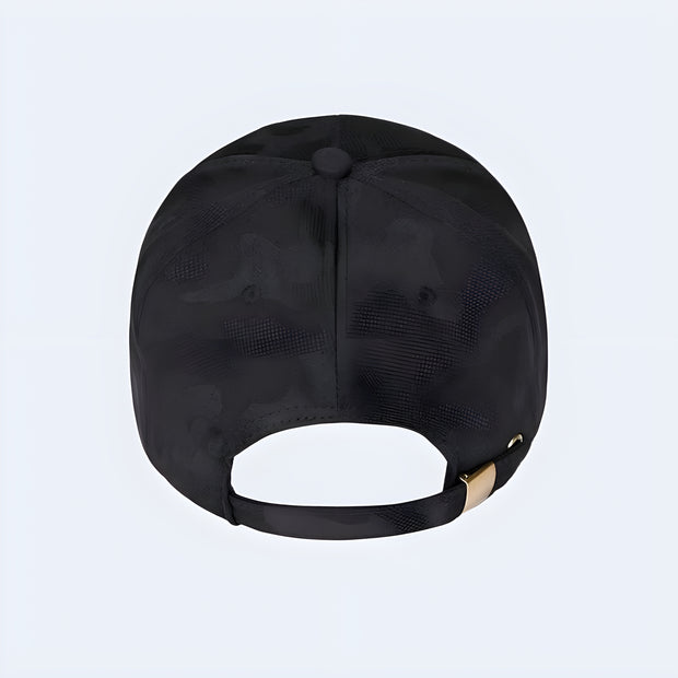 Techwear UK Military Camo Hat with Adjustable Straps – Black (Back View) – Durable and stylish, this black camo hat features adjustable straps for a custom fit. Perfect for enhancing your techwear or outdoor style.
