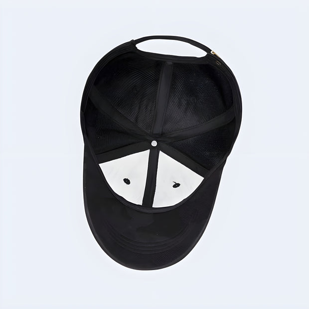 Techwear UK Military Camo Hat with Adjustable Straps – Black (Inside View) – Featuring a comfortable interior with adjustable straps, this black camo hat ensures a perfect fit. Ideal for techwear and outdoor enthusiasts.