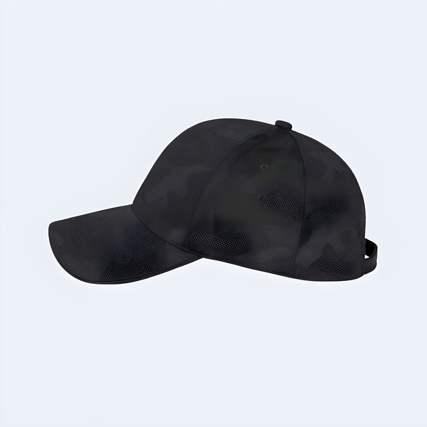 Techwear UK Military Camo Hat with Adjustable Straps – Black (Side View) – A stylish, durable hat with a perfect fit, featuring adjustable straps. Ideal for completing your techwear or outdoor look.