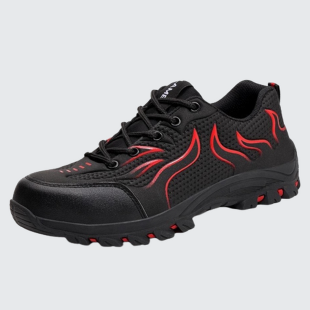 Men wearing red black sneakers lace up closure 