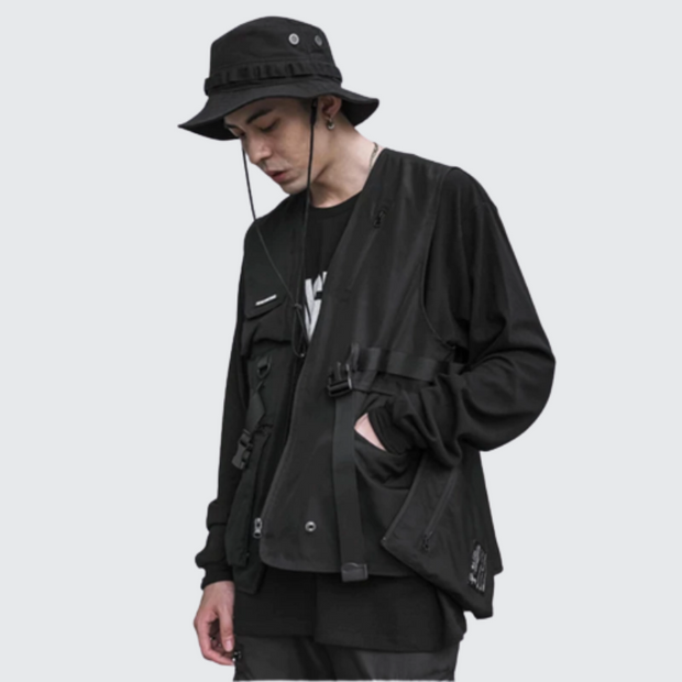 Techwear vest black multiple pocket decoration