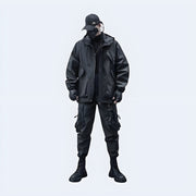 Man wearing black cargo jacket with hood zipper closure