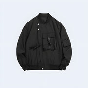 Man wearing black tactical bomber with pocket jacket Zipper closure