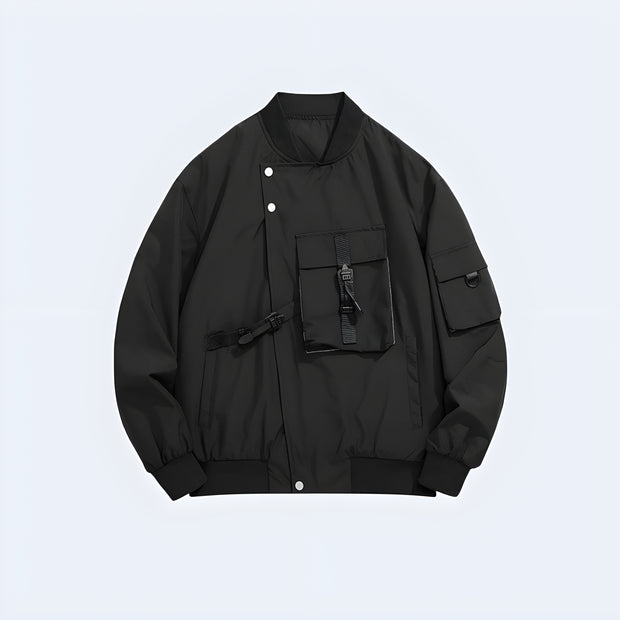 Man wearing black tactical bomber with pocket jacket Zipper closure