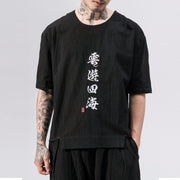  Black linen kanji t-shirt o neck collar style 