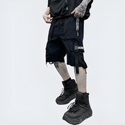 Black shorts streetwear elastic waist multiple pockets decoration