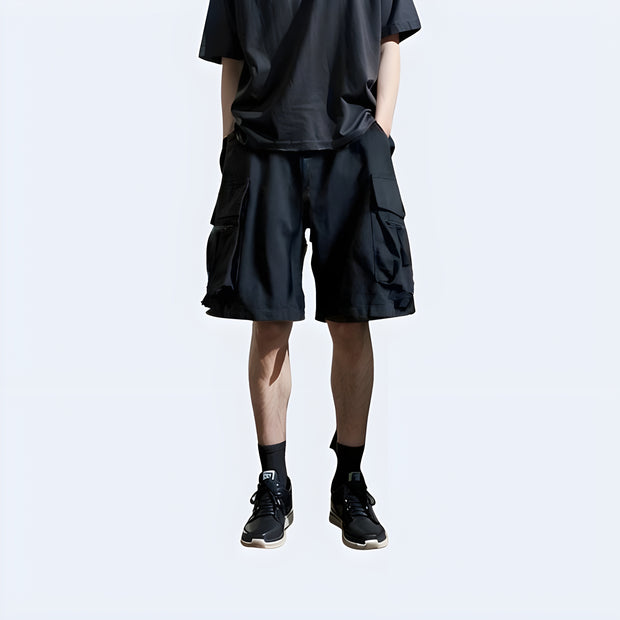 Black shorts streetwear elastic waist multiple pockets decoration