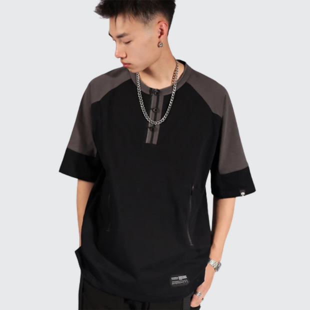Whyworks black t-shirt patchwork style t-shirts o neck collar style