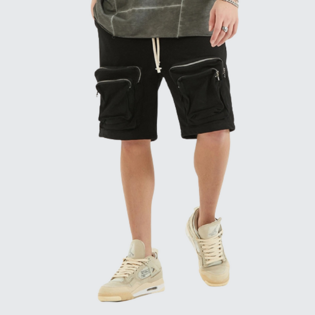 Zipper cargo shorts elastic waist drawstring closure