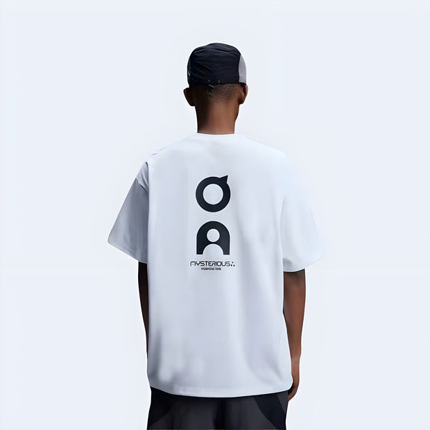 White cyber goth T-shirt back view UK – men’s oversized techwear shirt with futuristic gothic streetwear design
