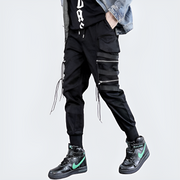 Drawstring closure zipper pockets techwear joggers black