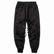 Unisex wearing black ninja cargo pants back side