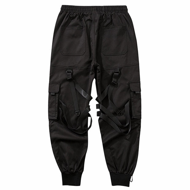 Unisex wearing black ninja cargo pants back side