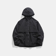 Unisex wearing black cargo jacket with hood multiple pockets decoration
