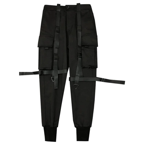 Unisex wearing black cyberpunk cargo pants