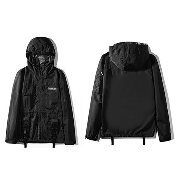 Unisex wearing black hooded cargo jacket multiple pockets decoration