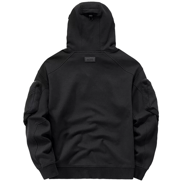 Black hoodie with high collar adjustable hood