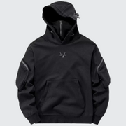 Black hoodie with high collar multiple pockets decorations