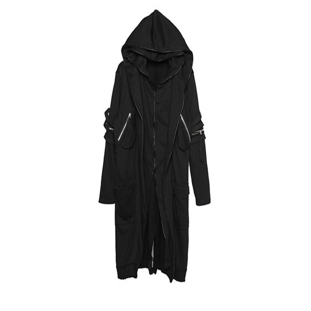 Unisex wearing black long techwear jacket comes with hood