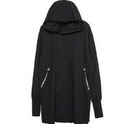 Unisex wearing black techwear trench coat turn-down collar style