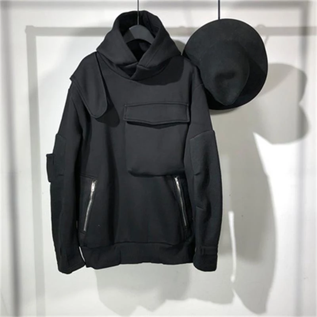 Unisex wearing black techwear turtleneck hoodie big pocket on front