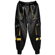 Yellow techwear pants multiple pockets & zippers on the side  